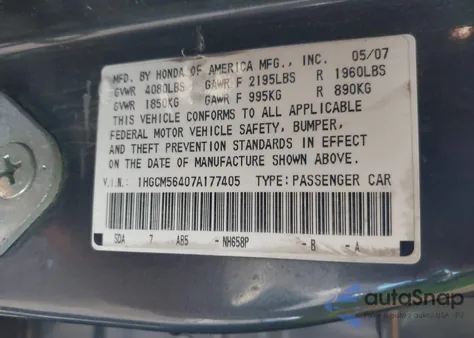 2007 Honda Accord 2.4 Lx z USA, uszkodzony, nr VIN 1HGCM56407A177405